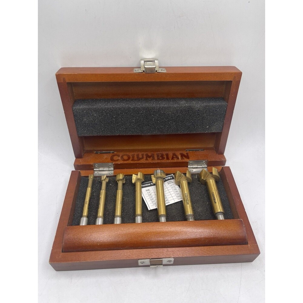 Columbian Forstner Bit Set Of 7 : 1/4” 3/8” 1/2” 5/8” 3/4” 7/8” 1” w/ Wooden Box